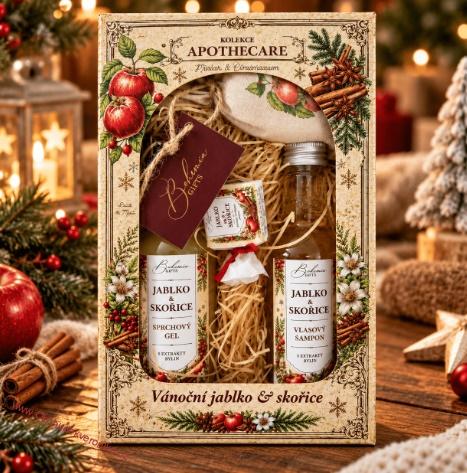 Kosmetická sada Apotecare Vánoce – sprchový gel 200 ml, šampon 200 ml, mýdlo 30 g a koupelová sůl 150 g – jablko a skořice