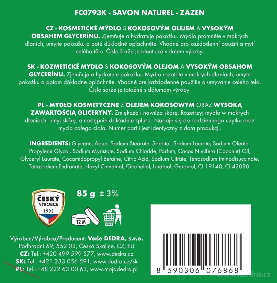 Kosmetické mýdlo s kokosovým olejem a vysokým obsahem glycerinu, ZAZEN, 85g