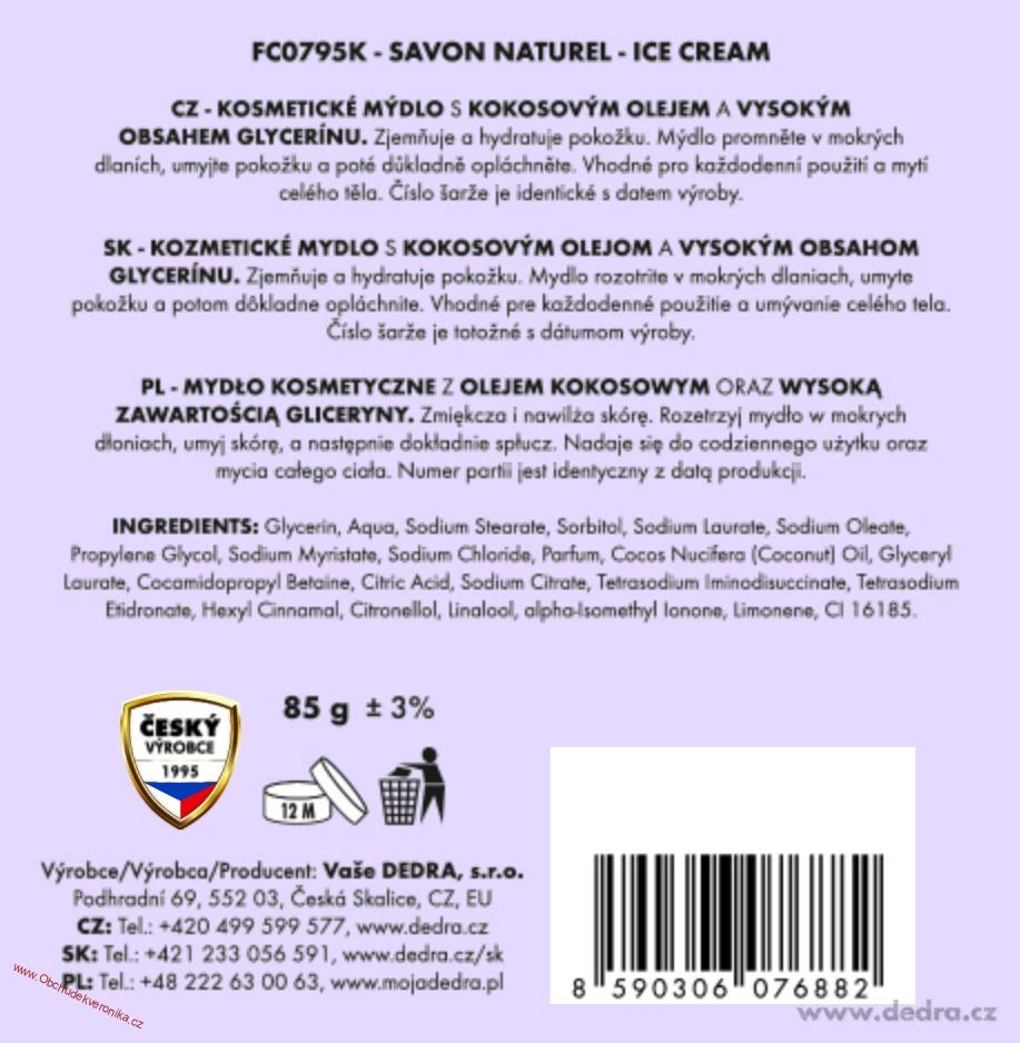 Kosmetické mýdlo s kokosovým olejem a vysokým obsahem glycerinu, ICE CREAM, 85g