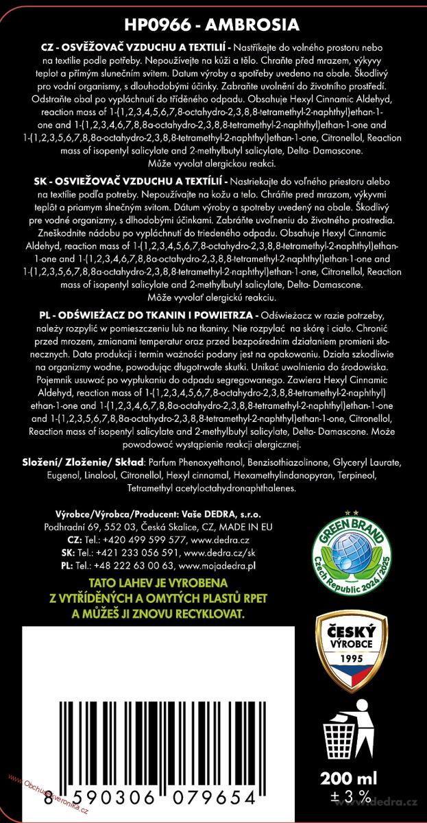 AMBROSIA Osvěžovač vzduchu & textilií luxusní parfémový sprej 200 ml