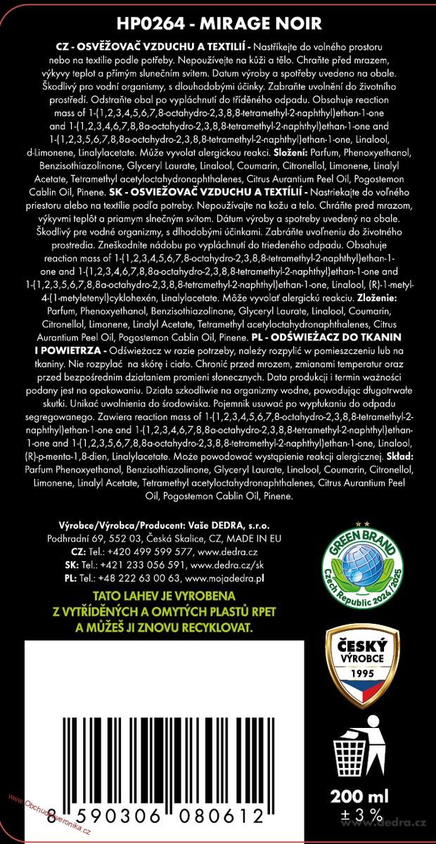 MIRAGE NOIR Osvěžovač vzduchu & textilií luxusní parfémový sprej 200 ml