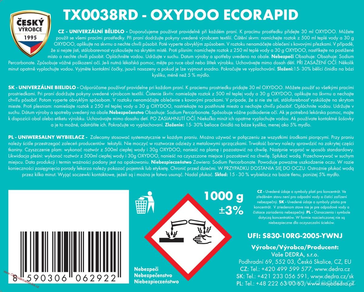 OXYDOO Univerzální bělidlo & odstraňovač skvrn ECORAPID 1 kg + dóza ZDARMA