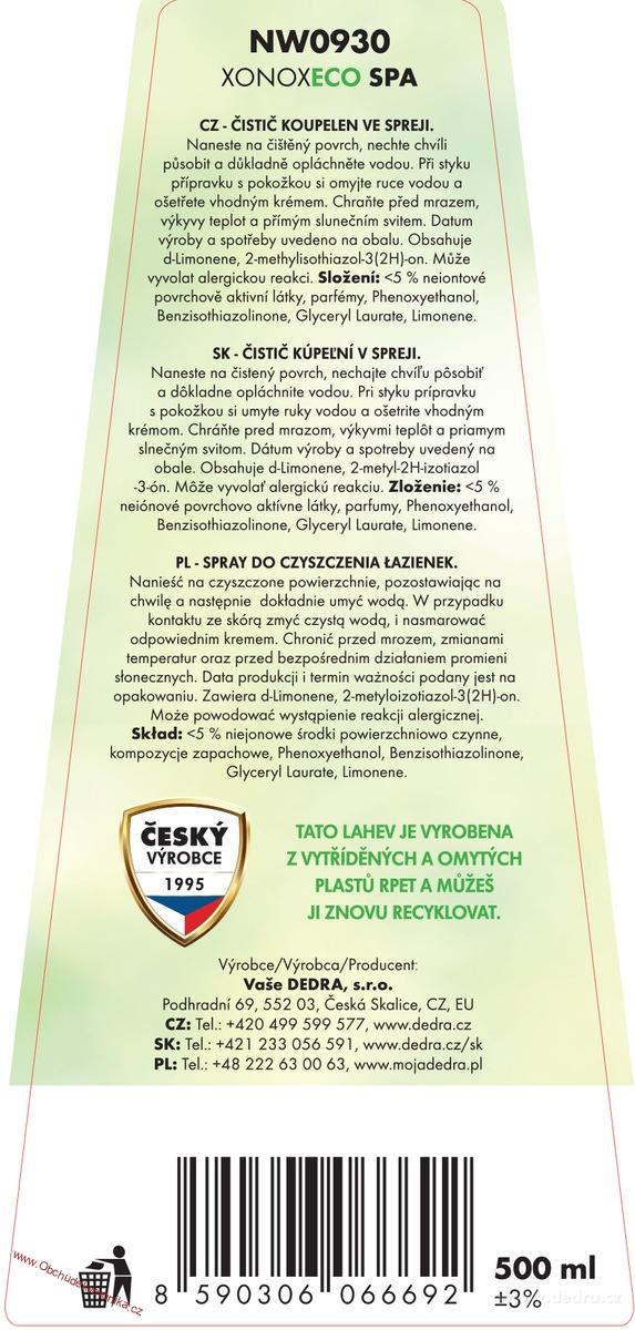 XONOX SPA Extra silný pěnový čistič koupelny | vodoodpudivý efekt & ECO složení LIMETKA 500 ml