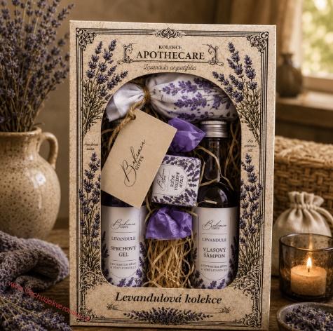 Kosmetická sada Apothecare – sprchový gel 200 ml, šampon 200 ml, mýdlo 30 g a koupelová sůl 150 g – levandule