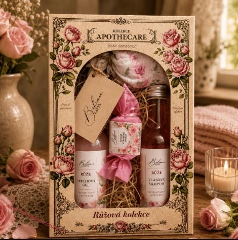 Kosmetická sada Apothecare – sprchový gel 200 ml, šampon 200 ml, mýdlo 30 g a koupelová sůl 150 g – růže