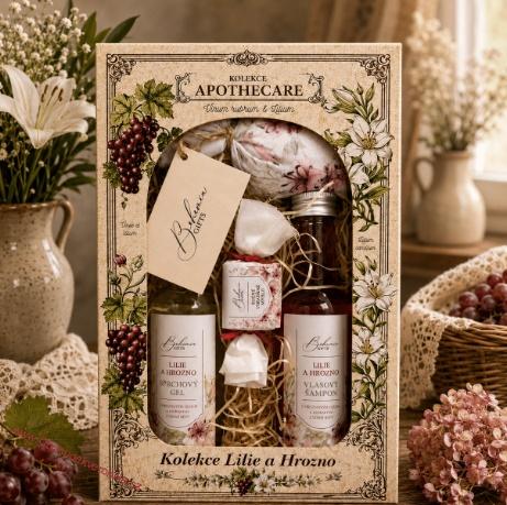 Kosmetická sada Apothecare – sprchový gel 200 ml, šampon 200 ml, mýdlo 30 g a koupelová sůl 150 g – hrozno a lilie