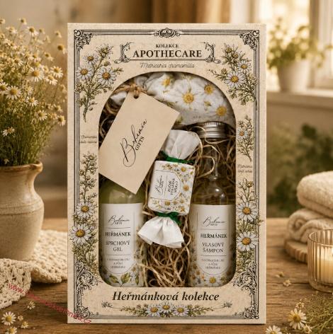 Kosmetická sada Apothecare – sprchový gel 200 ml, šampon 200 ml, mýdlo 30 g a koupelová sůl 150 g – heřmánek