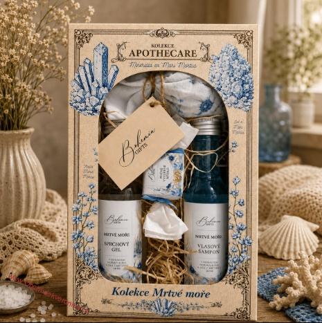 Kosmetická sada Apothecare – sprchový gel 200 ml, šampon 200 ml, mýdlo 30 g a koupelová sůl 150 g – Mrtvé moře