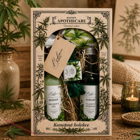 Kosmetická sada Apothecare – sprchový gel 200 ml, šampon 200 ml, mýdlo 30 g a koupelová sůl 150 g – konopí
