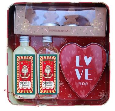 Vánoční dárková sada v plechovém boxu – 2x sprchový gel 100 ml, sada svíček a plechová krabička „srdce“ – santa