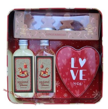 Vánoční dárková sada v plechovém boxu – 2x sprchový gel 100 ml, sada svíček a plechová krabička „srdce“ – stromek