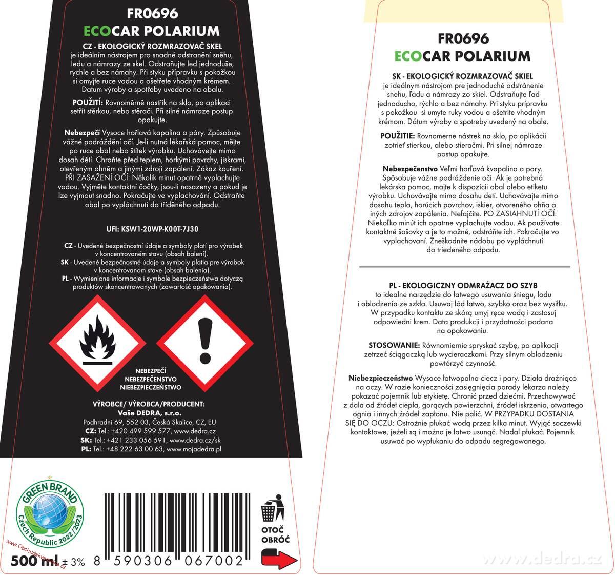 POLARIUM Ekologický rozmrazovač skel | účinkuje okamžitě & bez škrábání 500 ml