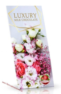LUXURY, Mléčná čokoláda s jahodovým posypem - Bíločervené květy 175g