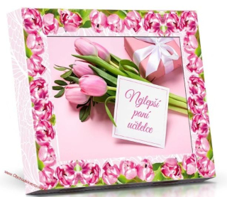 Nejlepší paní učitelce - Plněné čokoládové lodičky s ořechy 125g - motiv Růžové tulipány