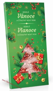 VESELÉ VÁNOCE - Čokoláda mléčná s jahodovým posypem (výřez stromeček) 100g