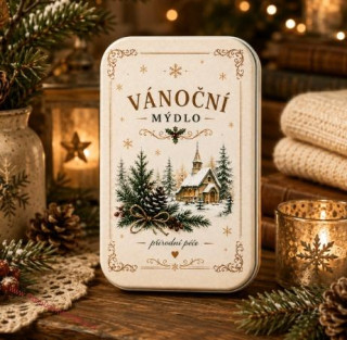 Vánoční tuhé mýdlo 80 g v plechovce – kostel (béžová)