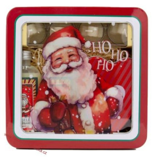 Vánoční dárková sada v plechovém boxu – 2x sprchový gel 100 ml, sada svíček a plechová krabička „srdce“ – santa